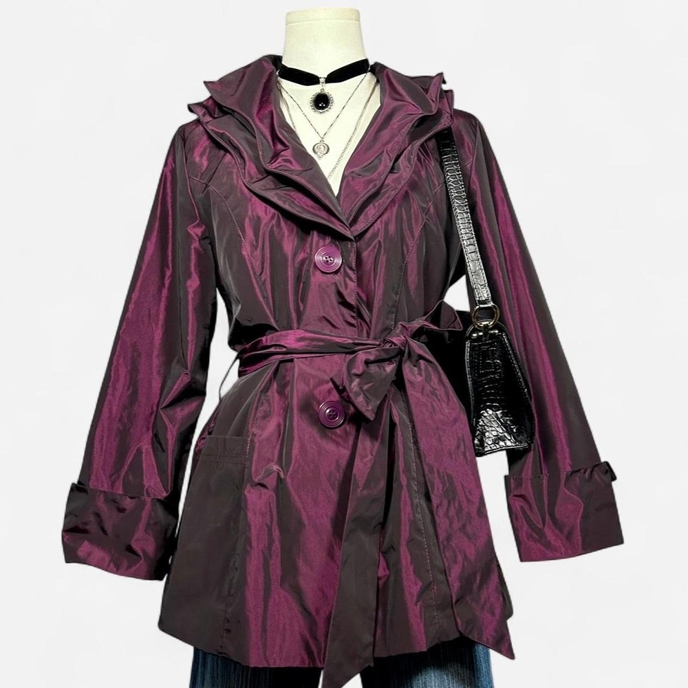 Y2K Purple Taffeta Belted Trench Coat Ruffle Collar Womens S Witchy Whimsigoth